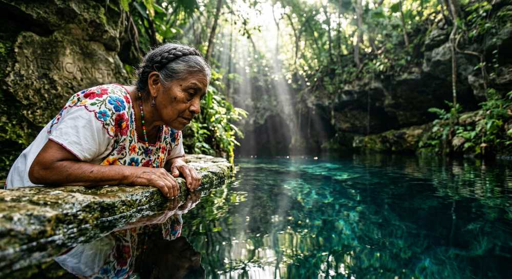 Maya community member looking into the clear water of a cenote from a limestone ledge with sunlight streaming through.