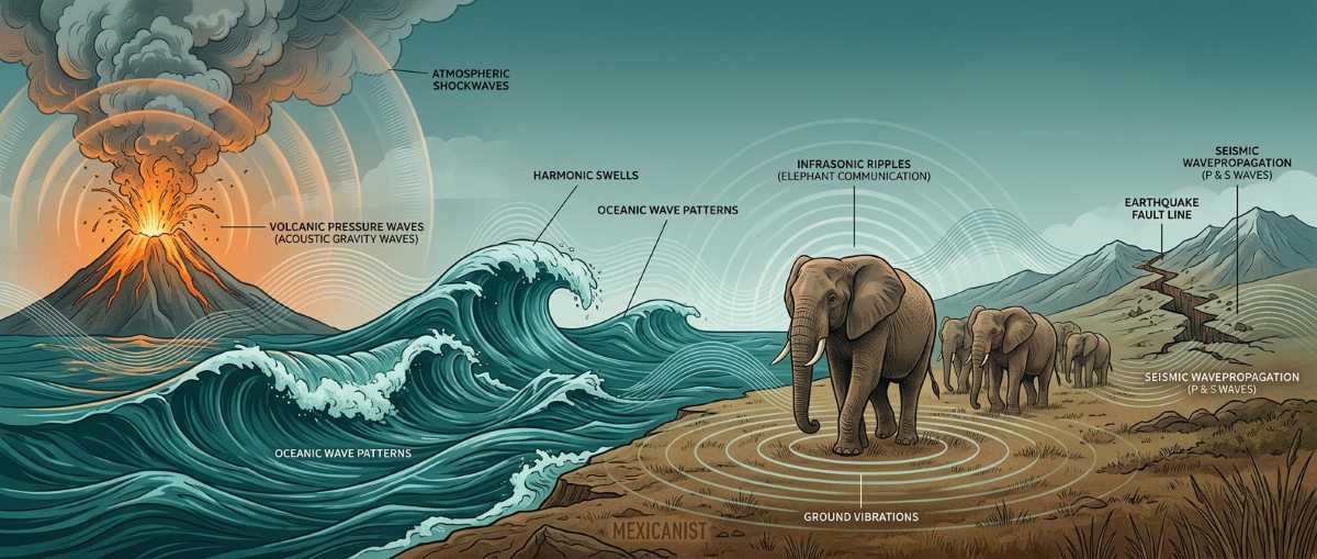 Panoramic scientific illustration showing four natural infrasound sources.