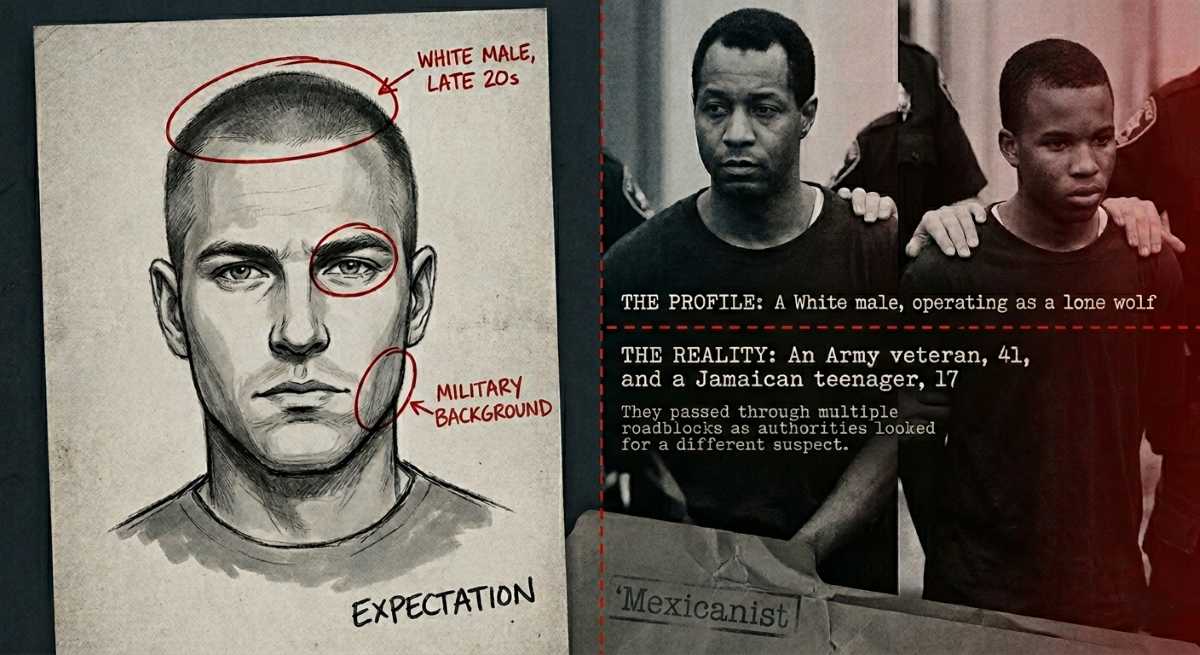 Split comparison showing the FBI’s profiled suspect description for the DC sniper case versus the actual perpetrators.