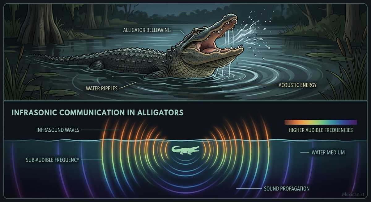 Split illustration showing a bellowing alligator creating water ripples above, and a scientific visualization of infrasound wave propagation.