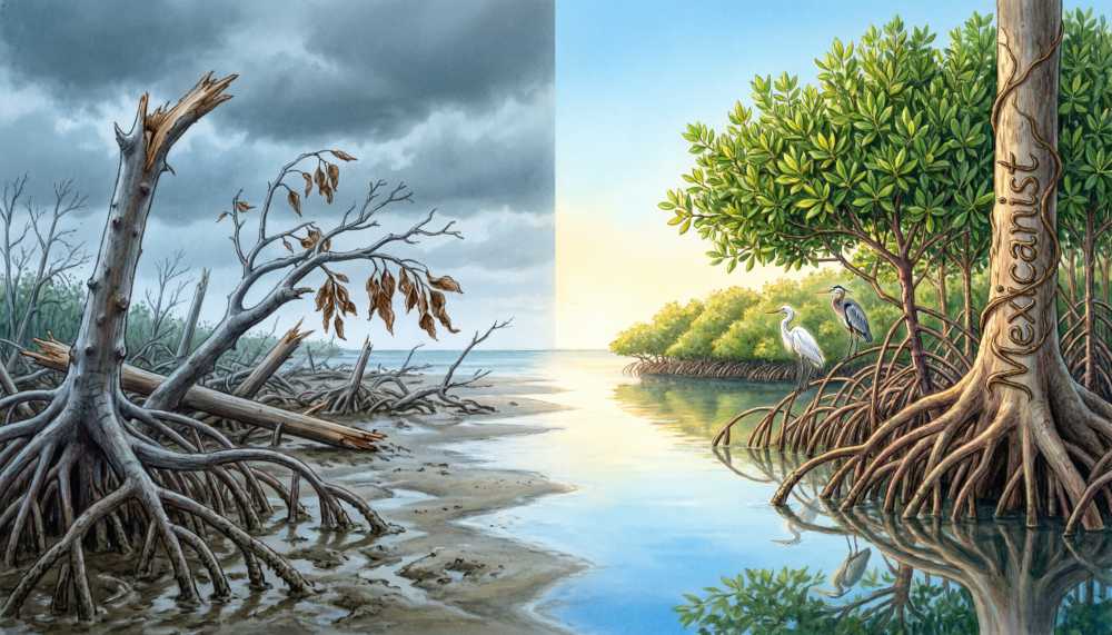 Split-panel illustration comparing Hurricane Wilma’s destruction of Nichupté’s mangroves.