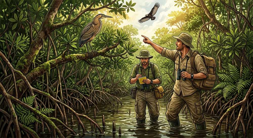 Two field researchers wading through dense Nichupté mangroves, one pointing at a Mexican Tiger Heron.