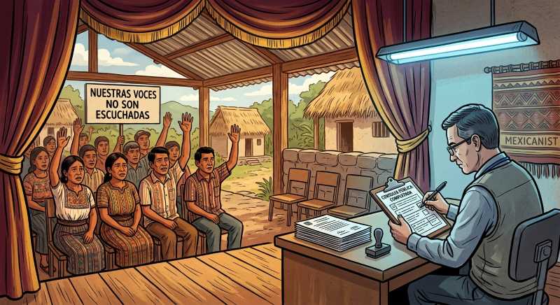 Editorial illustration showing a Mayan community ignored at a public consultation.