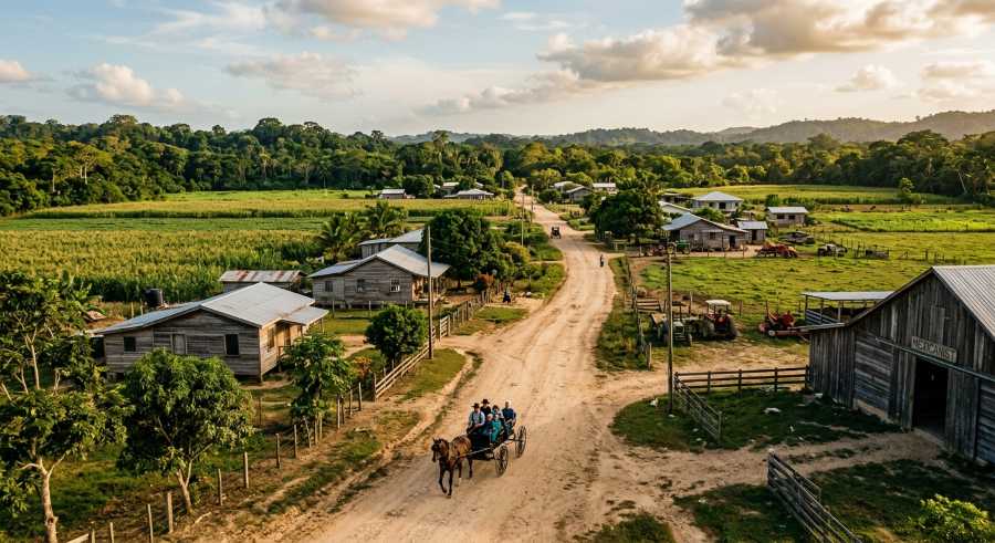 Mennonite agricultural settlement in Belize's Corozal District with horse-drawn buggy and farmland near the jungle edge.