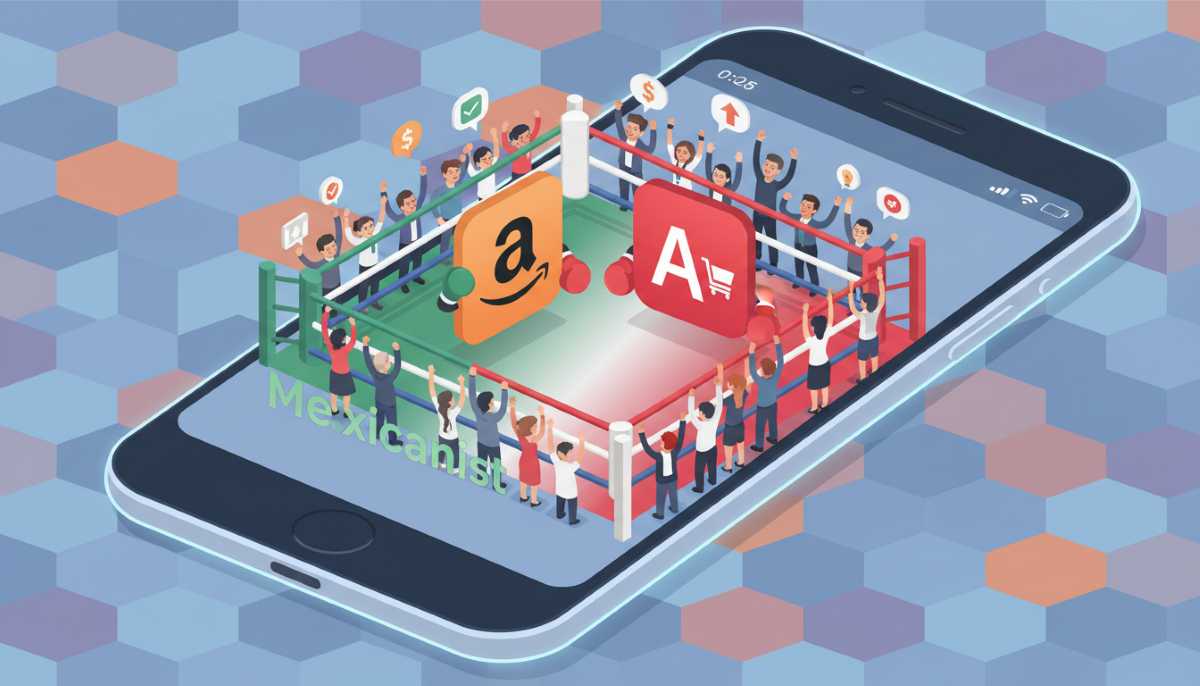 Illustration of Amazon and AliExpress logos in a boxing ring, with Mexican small business owners watching from ringside.