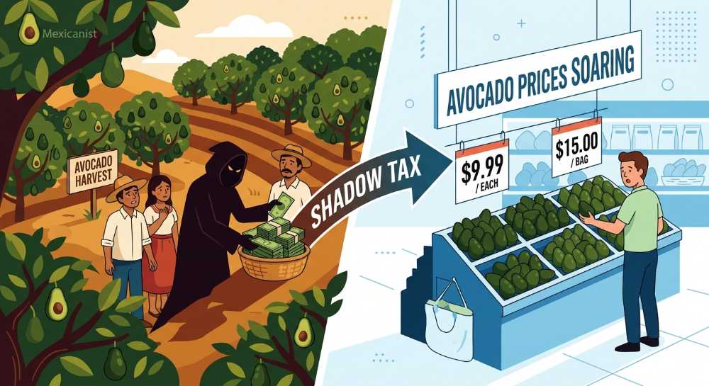 Illustration showing the connection between cartel extortion at a Mexican avocado orchard and inflated prices at an American supermarket.