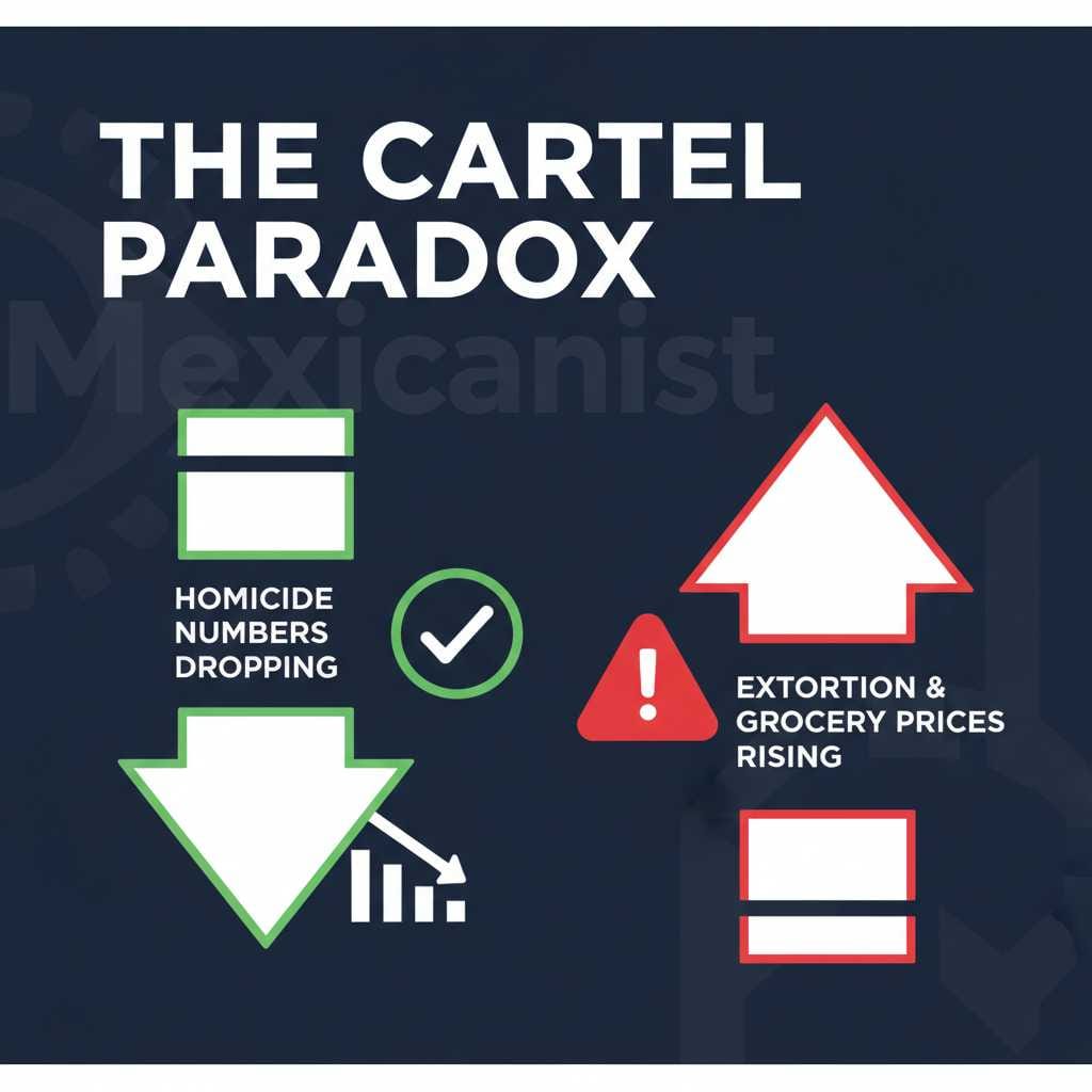 Infographic showing the paradox of declining homicides in Mexico alongside rising extortion and consumer prices.