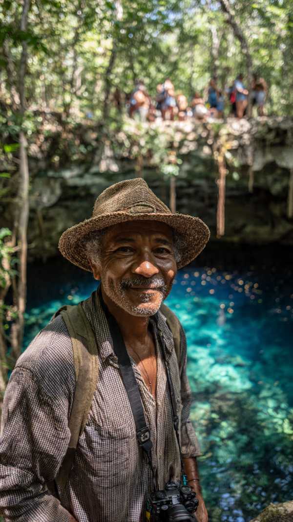 Environmental activist and Maya community members gather at a cenote entrance in Quintana Roo.