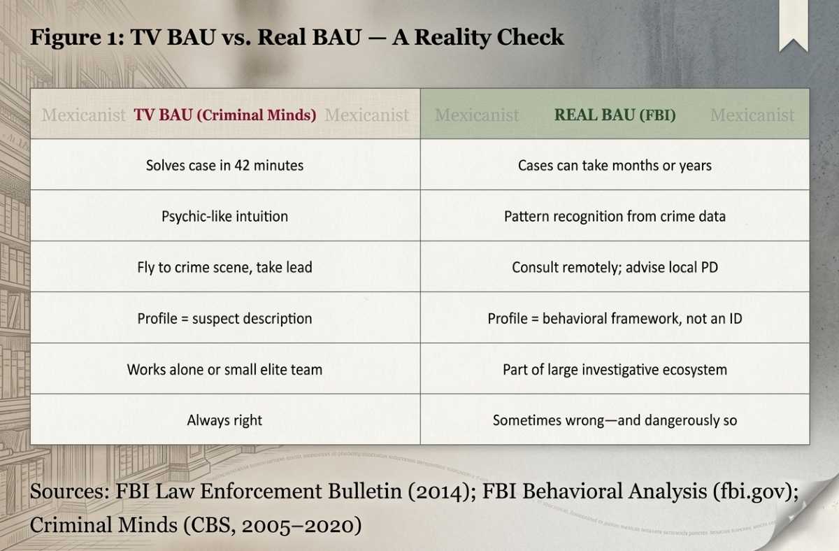 Side-by-side comparison showing how fictional TV profilers differ from real FBI behavioral analysts.