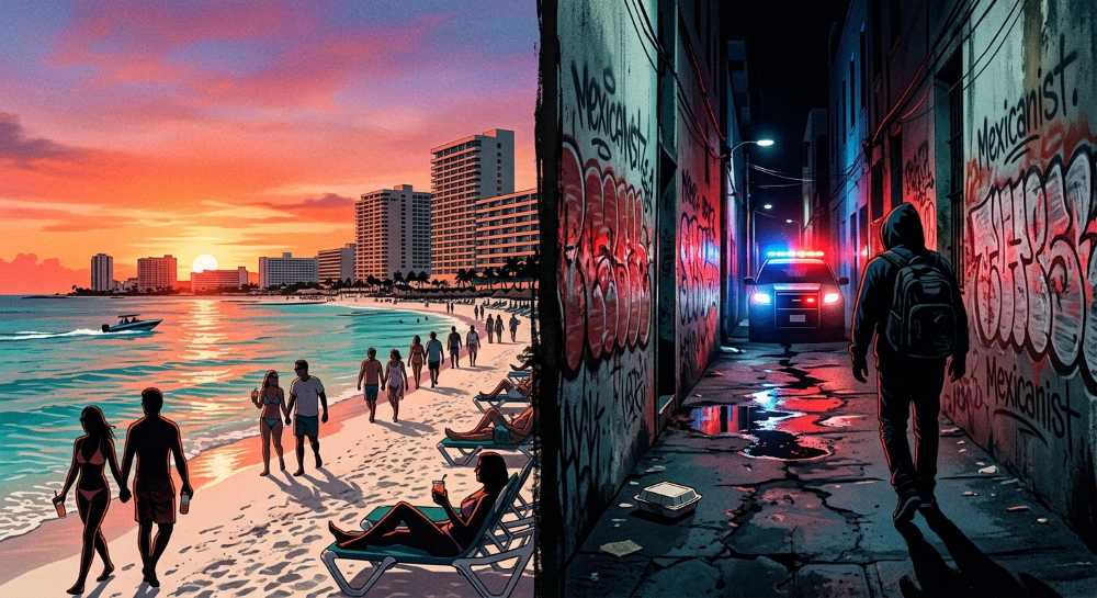 Split illustration contrasting Cancún's tourist hotel zone with the urban reality in Quintana Roo.