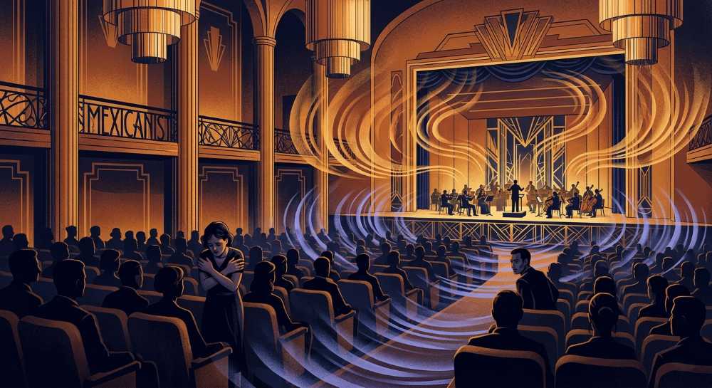 Illustration of a concert hall where audience members react with unease to invisible infrasound waves.