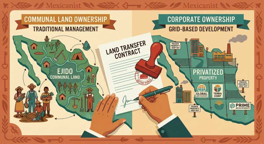 Editorial illustration showing the transformation of ejido communal land into privatized corporate property through legal paperwork.