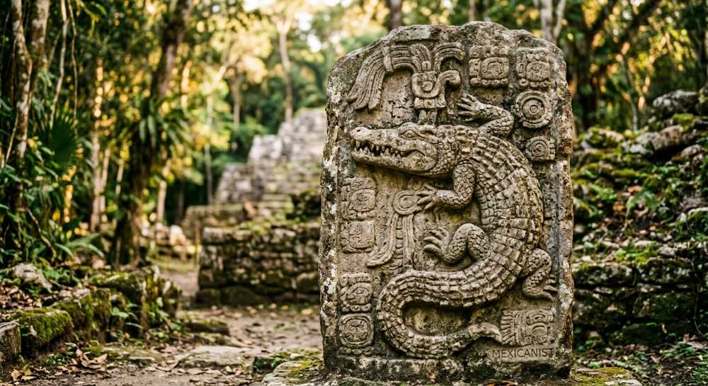 Ancient Maya crocodile earth-bearer carving at temple site, showing stylized reptile with open mouth and scaled body.
