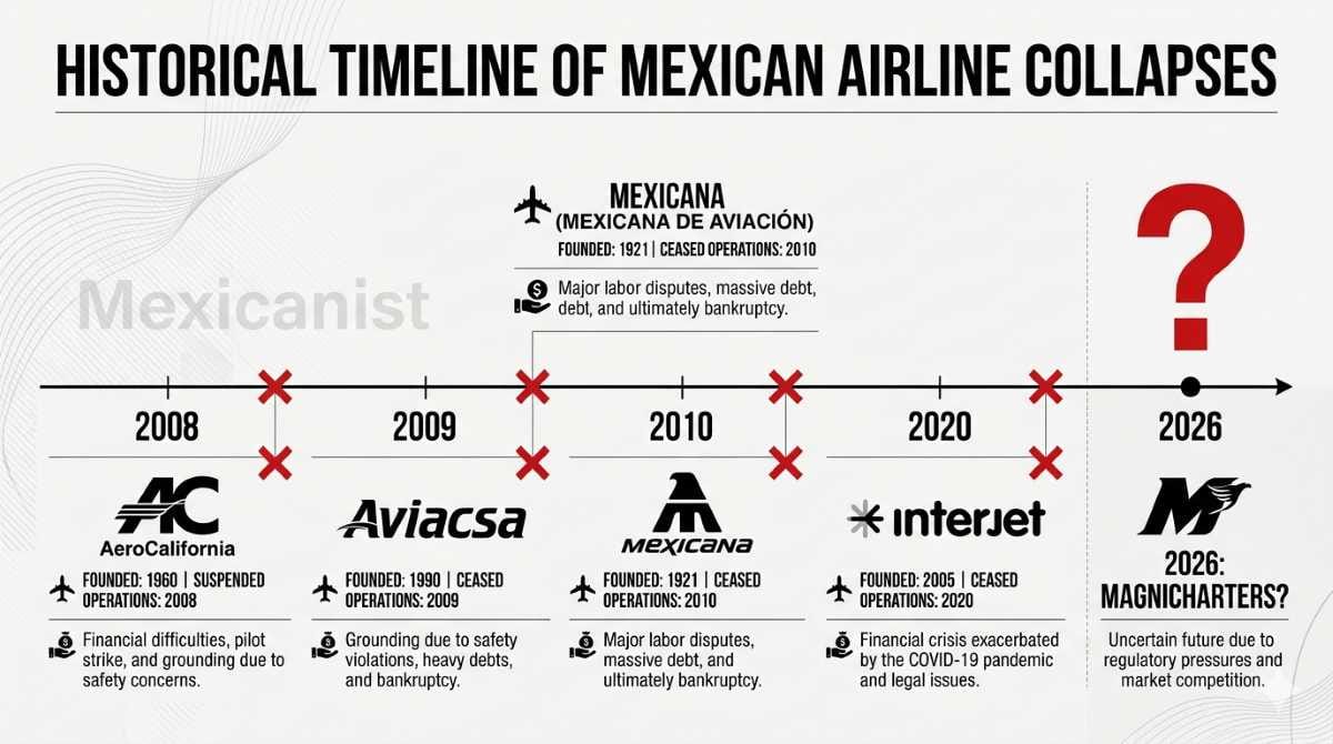 Timeline of Mexican airline collapses from 2006 to 2026 showing Mexicana, Interjet, Aviacsa, Aerocalifornia, and Magnicharters (pending).