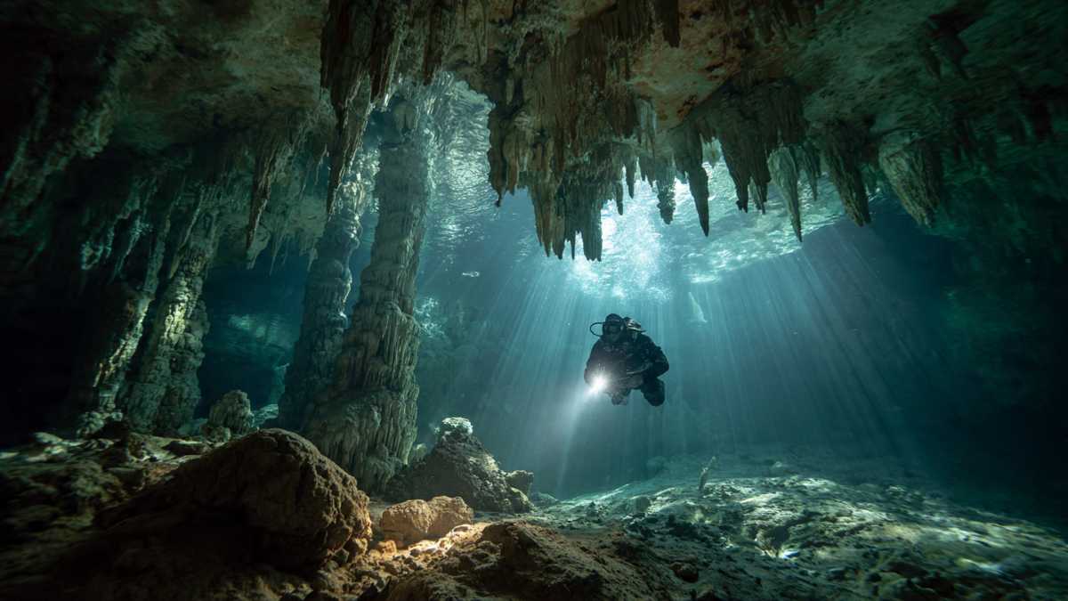 Cave diver documents contaminated water inside a Quintana Roo cenote damaged by Tren Maya construction.