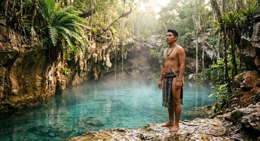 A Mayan man in traditional clothing standing beside a jungle cenote in Quintana Roo.