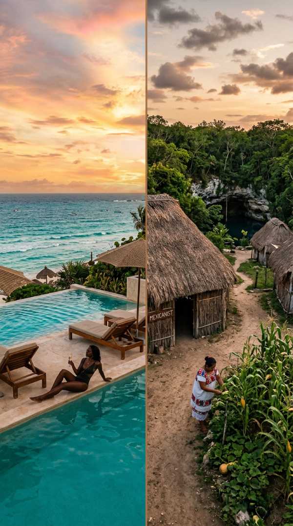 Split image contrasting a luxury Cancún resort pool with a traditional Maya village in the Quintana Roo.