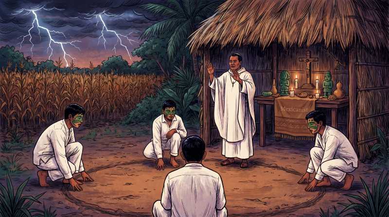 Maya j’men performing the Ch’a Cháak rain ceremony before a temporary altar with four boys chanting at the cardinal directions.