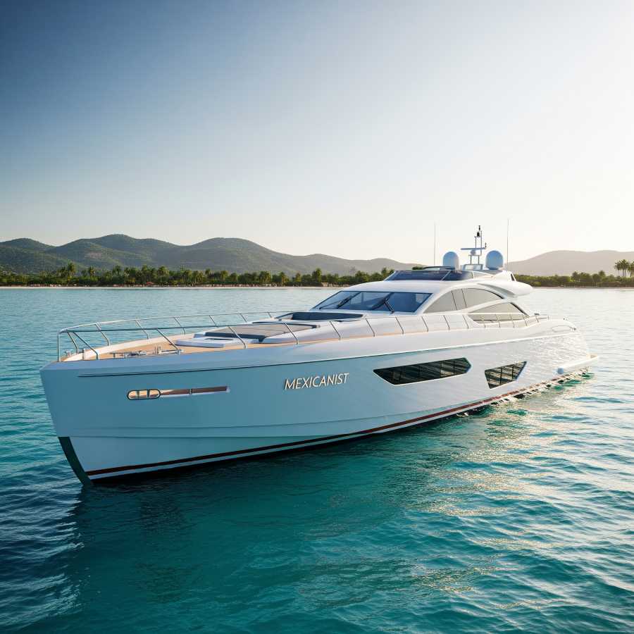 An empty luxury yacht bobbing in turquoise water.