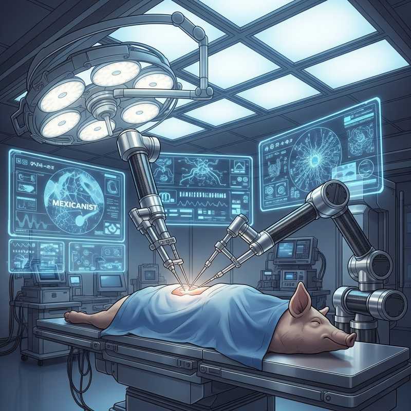Illustration of a sleek robotic arm performing surgery inside a futuristic operating room, with a pig on the table.
