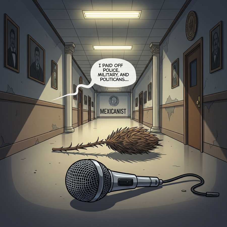 A cartoon-style illustration of a microphone dropped in an empty government hallway.