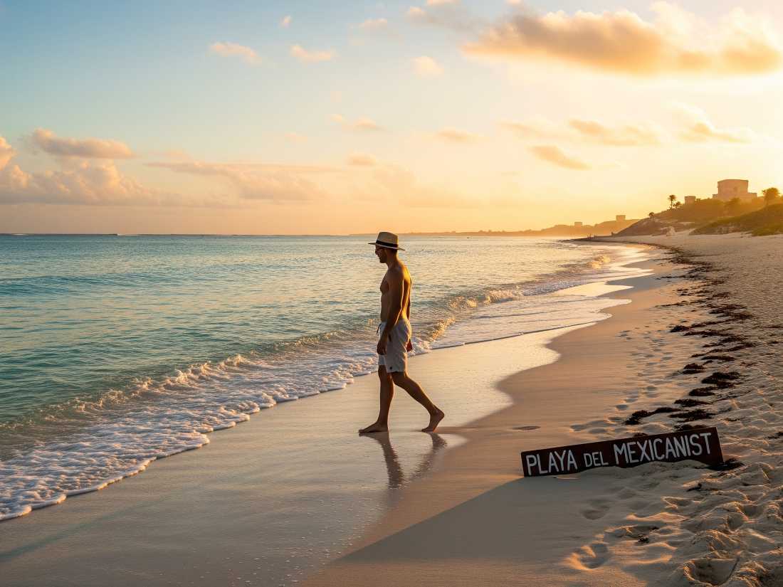 A sunlit beach in Quintana Roo with clean turquoise water, a lone traveler walking barefoot at dawn.