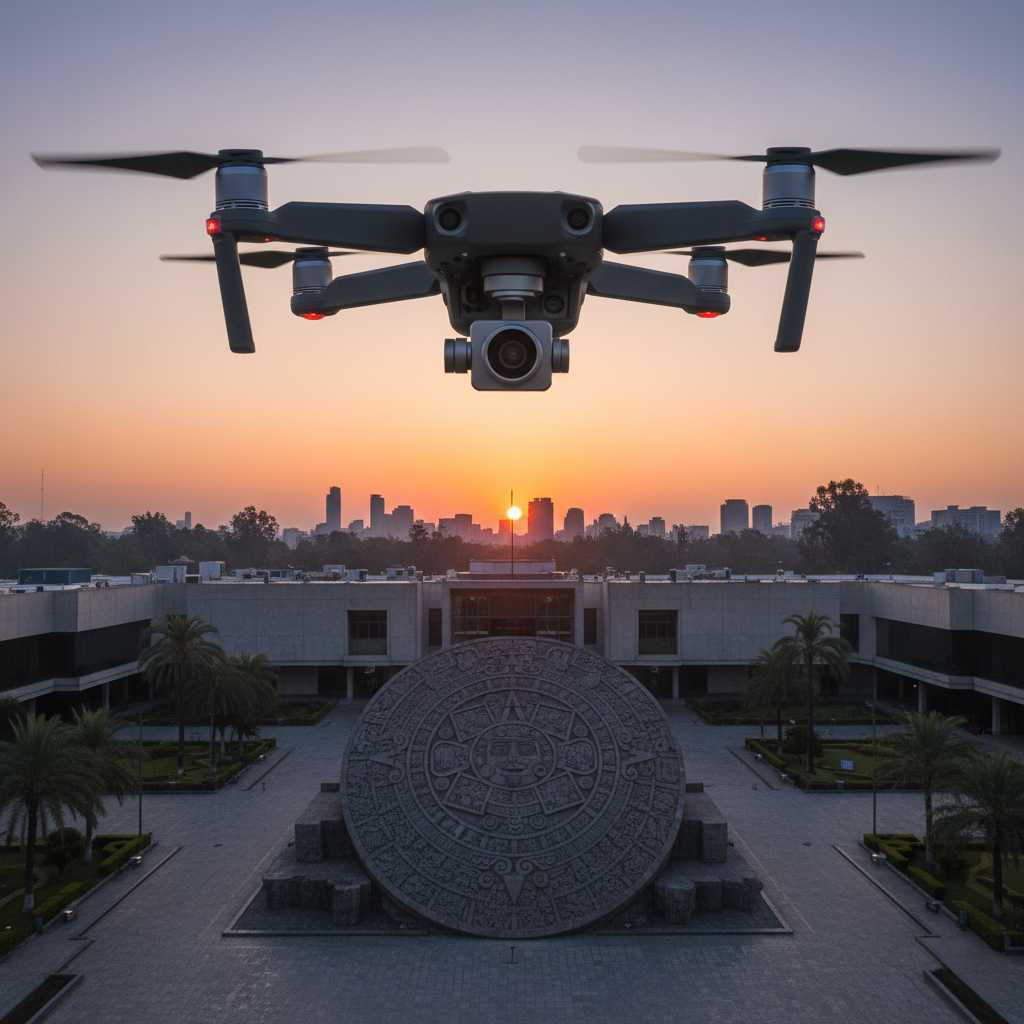 A drone hovers at dawn over Mexico City’s National Museum of Anthropology, its camera aimed at the Sun Stone below.