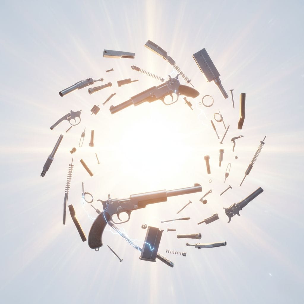 Mauser parts levitate in mid-air, arranged like a mechanical constellation against a white-hot sky.