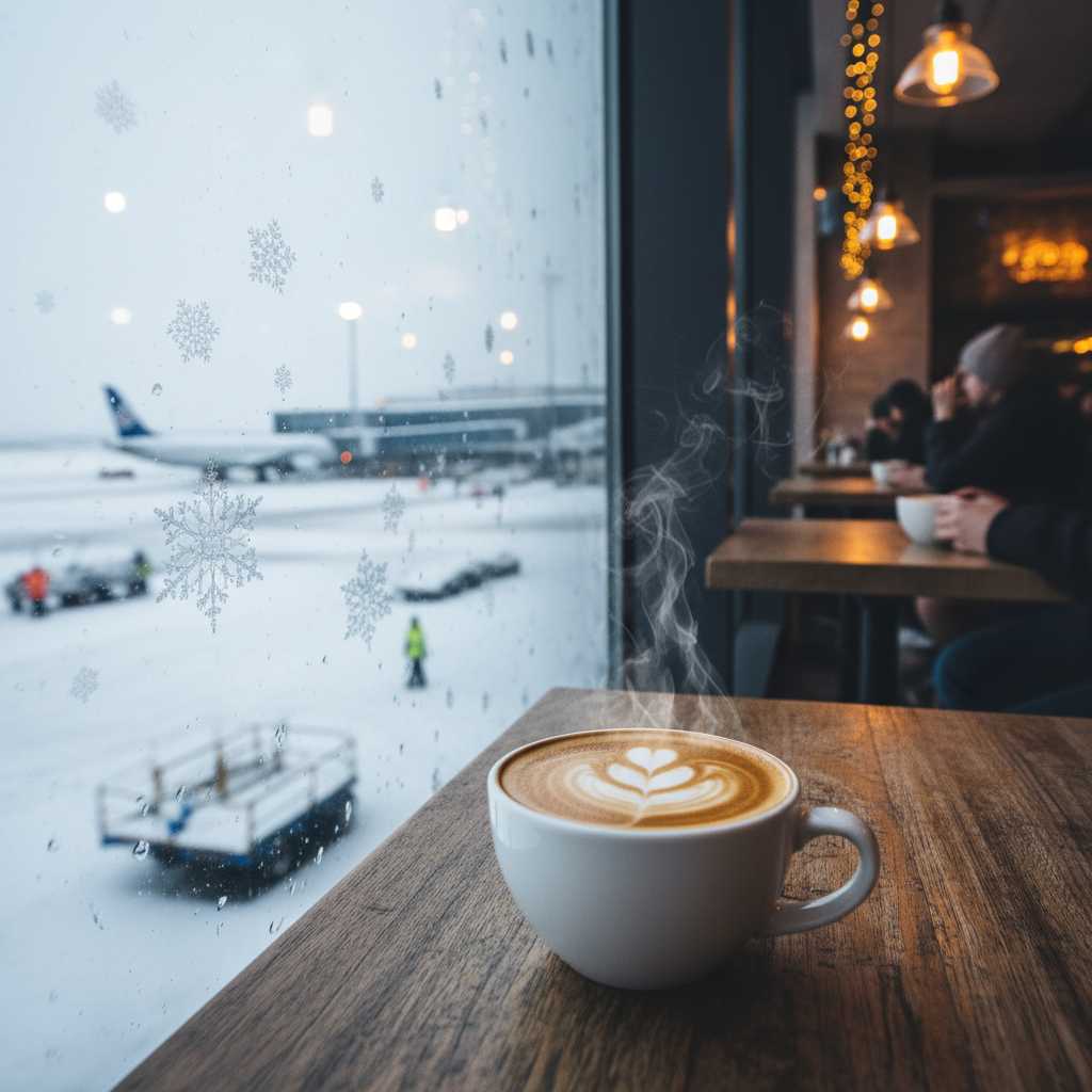 A cup of coffee on a able, with a snowy airport terminal visible through the window in the background.