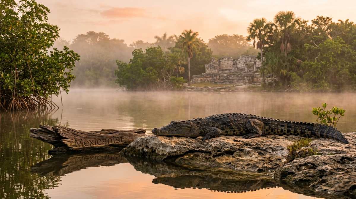 Morelet's crocodile basking on a limestone outcrop in a misty Yucatán lagoon, surrounded by tropical vegetation and ancient Mayan ruins.