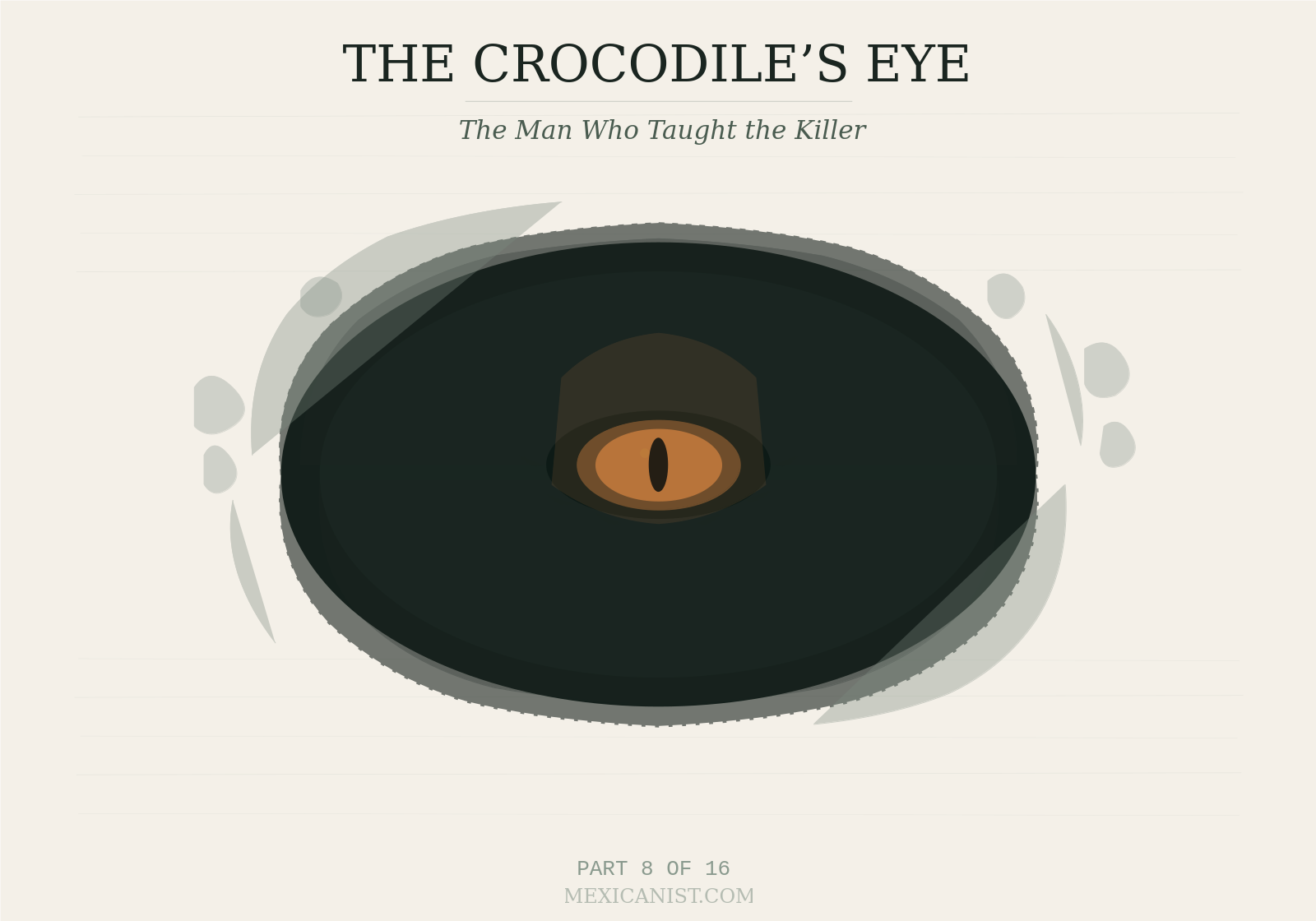 Ink-sketch illustration of a cenote from above with a crocodile eye at center and a faint elongated mask shape visible behind it. Title reads The Crocodile's Eye, Part 8 of 16.