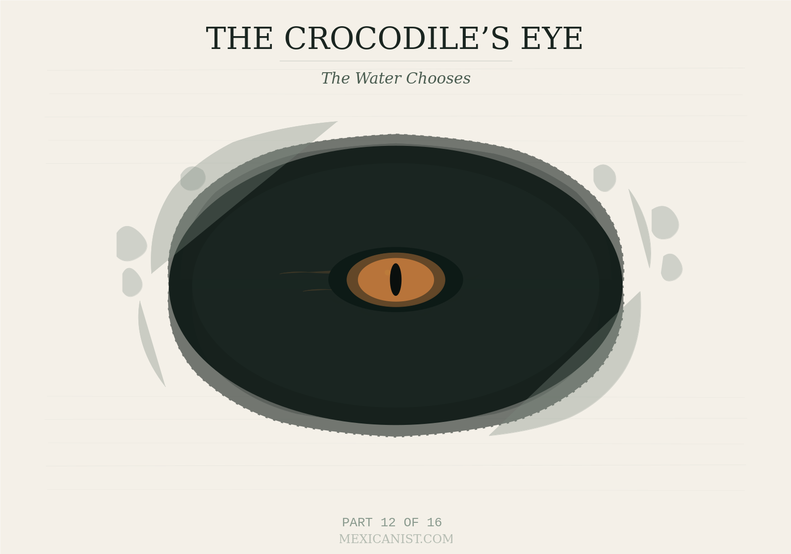 Ink-sketch illustration of a cenote from above with a crocodile eye at center and ochre-colored wave lines moving across the surface. Title reads The Crocodile's Eye, Part 12 of 16.
