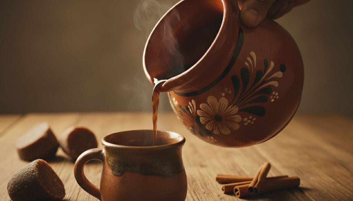 Steam rising from a dark clay Mexican coffee pot pouring café de olla into a mug.
