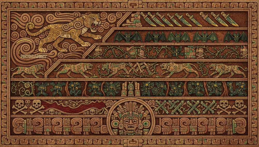 Illustrated cross-section of Xibalba showing nine descending terraced levels.