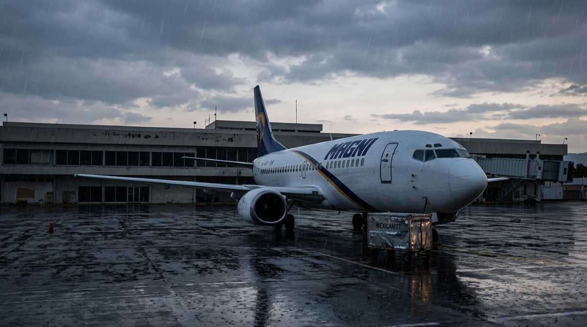 A Magnicharters Boeing 737-300 parked alone at a darkened airport gate at dusk.