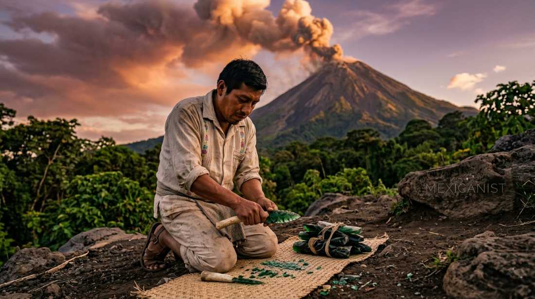 A Maya obsidian artisan pressure-flaking a green obsidian blade at the base of an active volcano in the Mesoamerican highlands.
