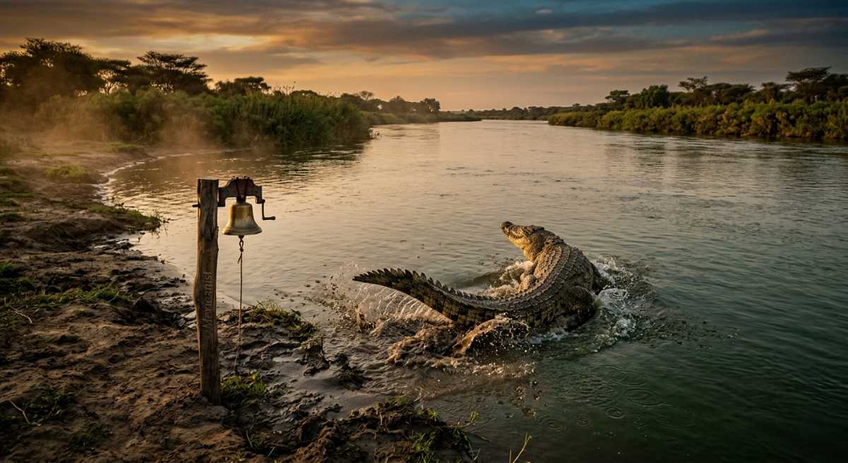 A Nile crocodile retreating into a river after hearing a bell sound from a behavioral conditioning device.