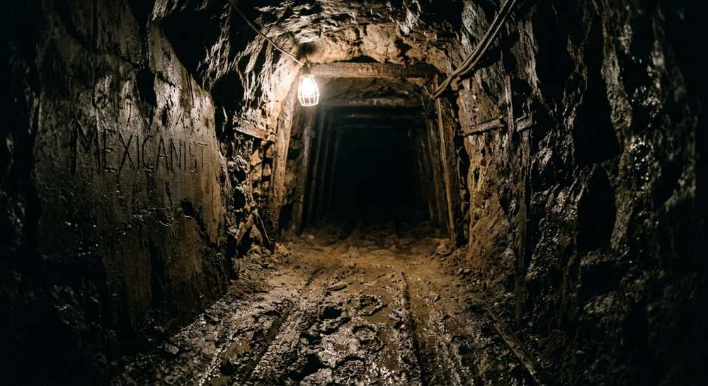 A dark underground tunnel carved through earth, representing the elaborate escape tunnels built by El Chapo Guzmán, stretching into the distance with a single dim light
