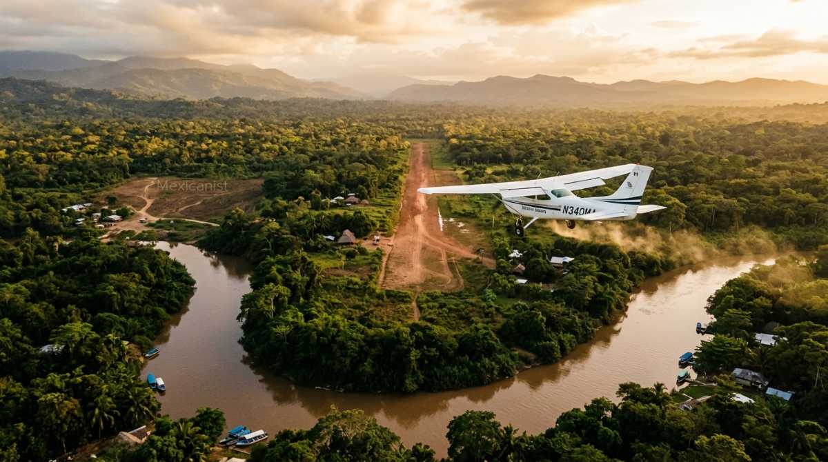 Aerial view of a Cessna aircraft descending toward a clandestine airstrip in tropical jungle near the Belize-Mexico border.