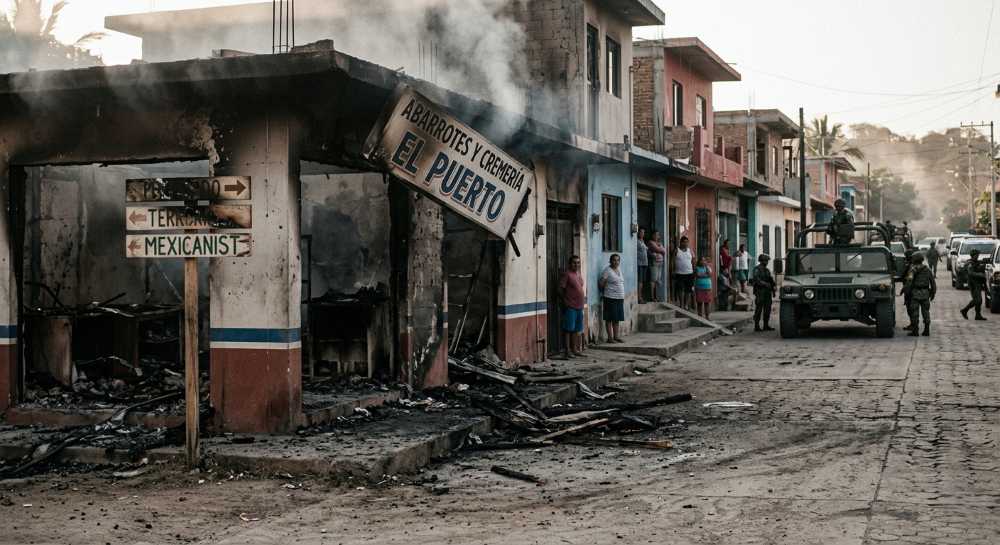 Burned commercial stores in Tecuala, Nayarit, following cartel retaliation.