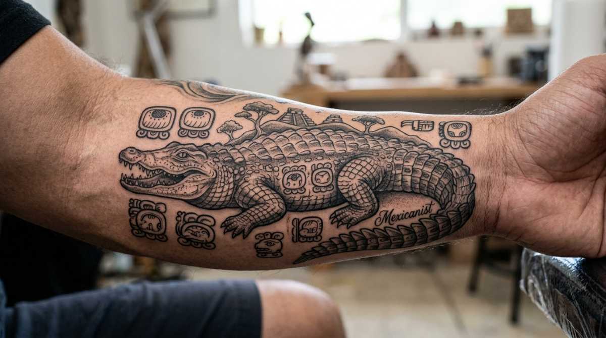 Detailed crocodile tattoo with Maya glyphs representing Itzam Cab Ain earth caiman symbolism.