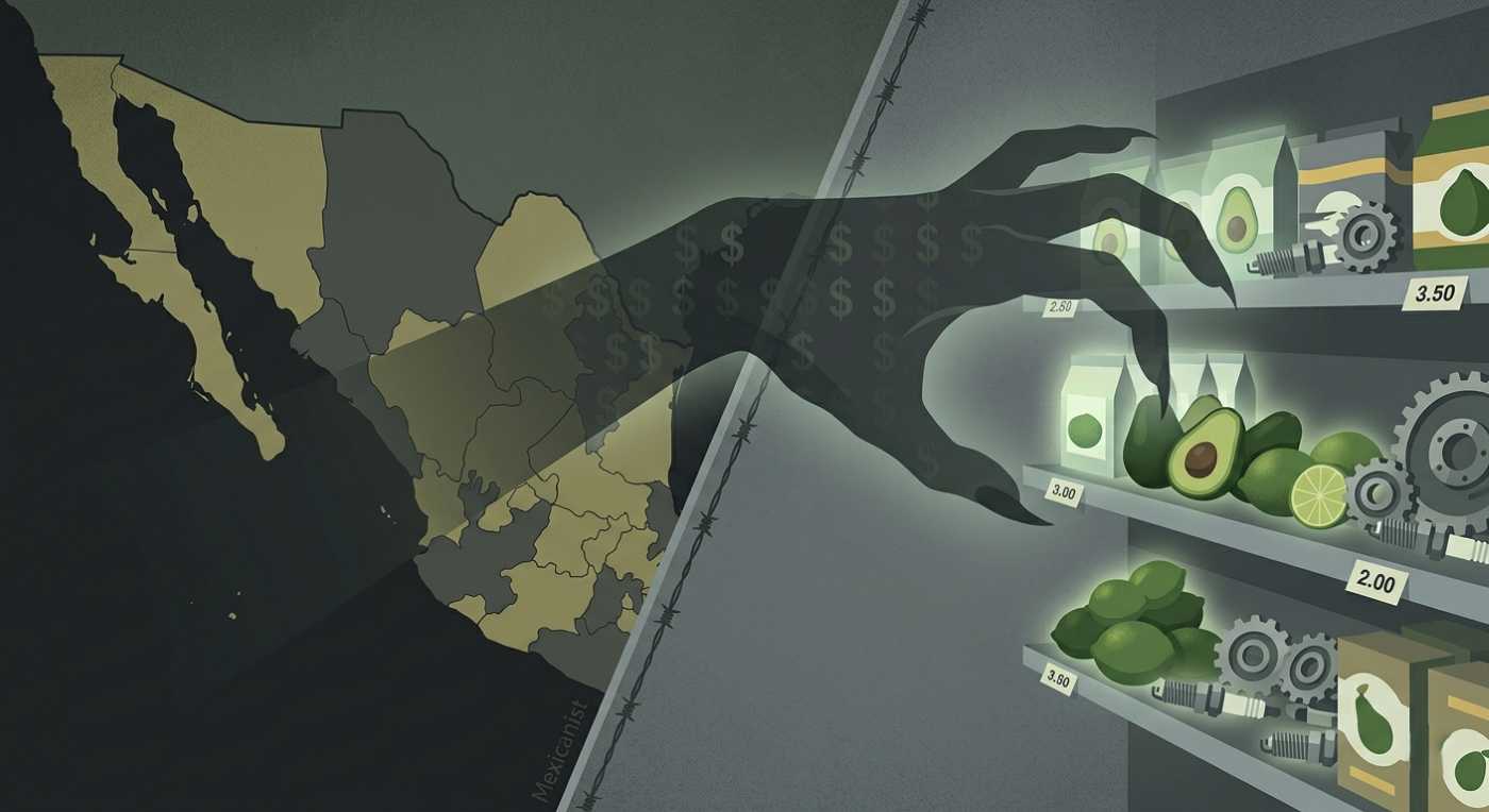 Editorial illustration showing a shadowy hand extending from Mexico across the U.S.-Mexico border to a grocery store shelf.