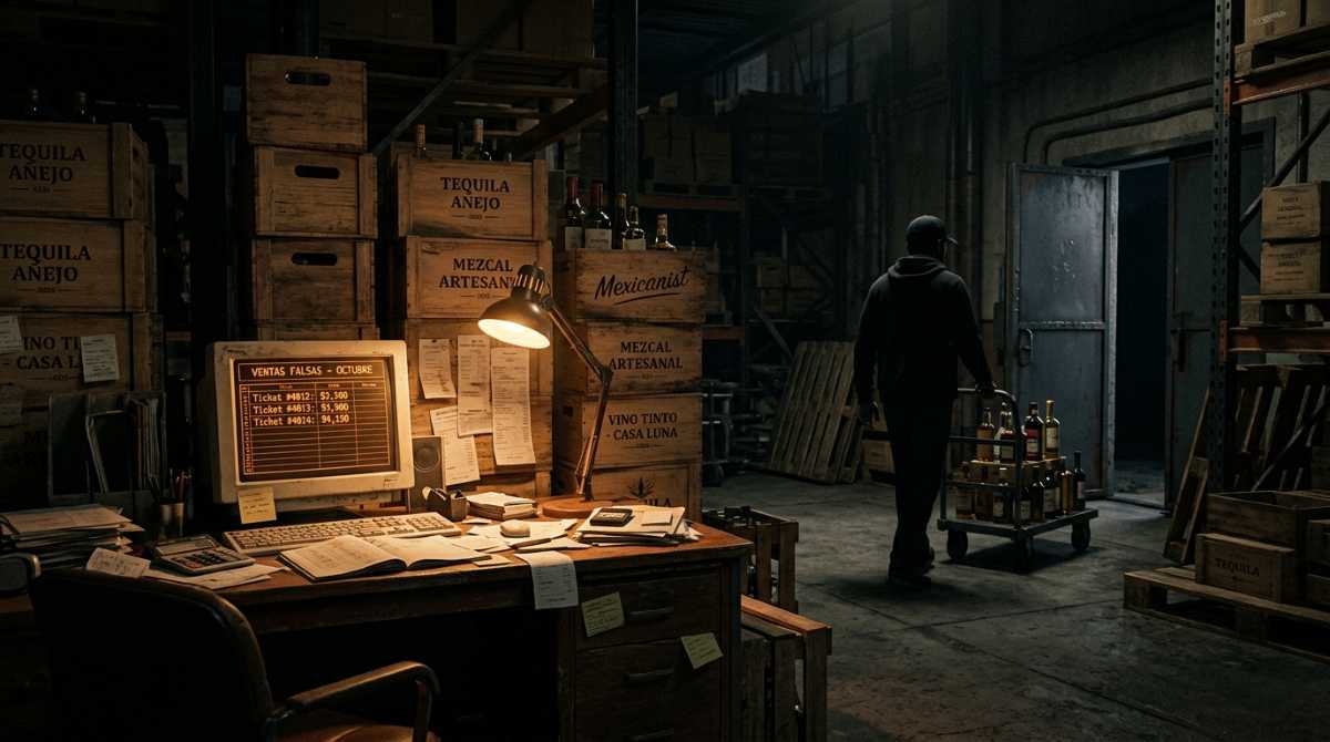 Illustration of a dimly lit Mexican warehouse where a shadowy employee wheels stolen wine bottles past a desk covered in forged receipts.