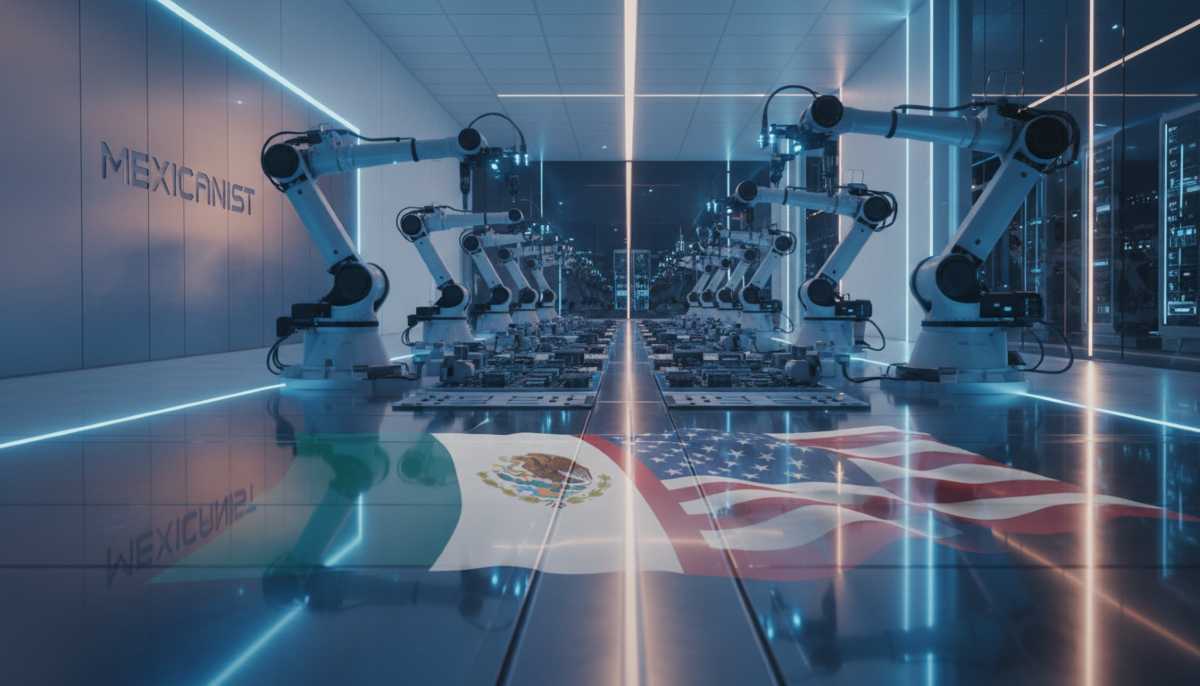 Interior of a high-tech AI manufacturing facility in Mexico with robotic assembly lines and modern industrial lighting, representing Flex's billion-peso investment