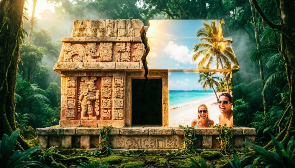 Maya temple splitting into ancient glyphs and modern tourism ads in Mexico.