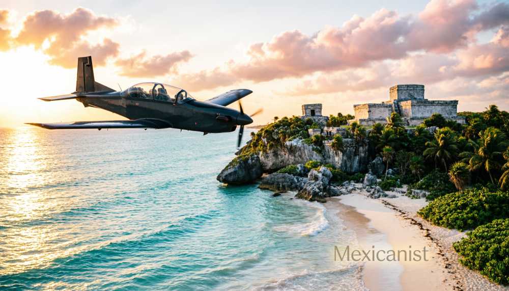 Mexican Air Force Águilas Aztecas aerobatic team flying formation over the Caribbean Sea near Tulum.