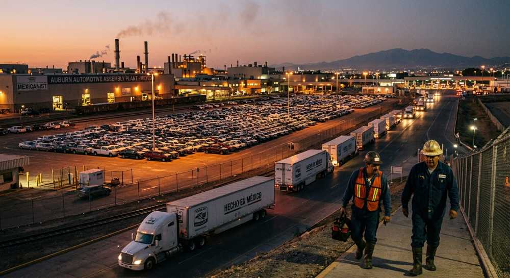 Mexican auto manufacturing plant with finished vehicles awaiting export to the United States.