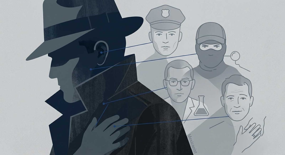 Silhouette of a detective with ghostly suspect profiles connected by blue strings, illustrating how criminal profiling can misidentify.