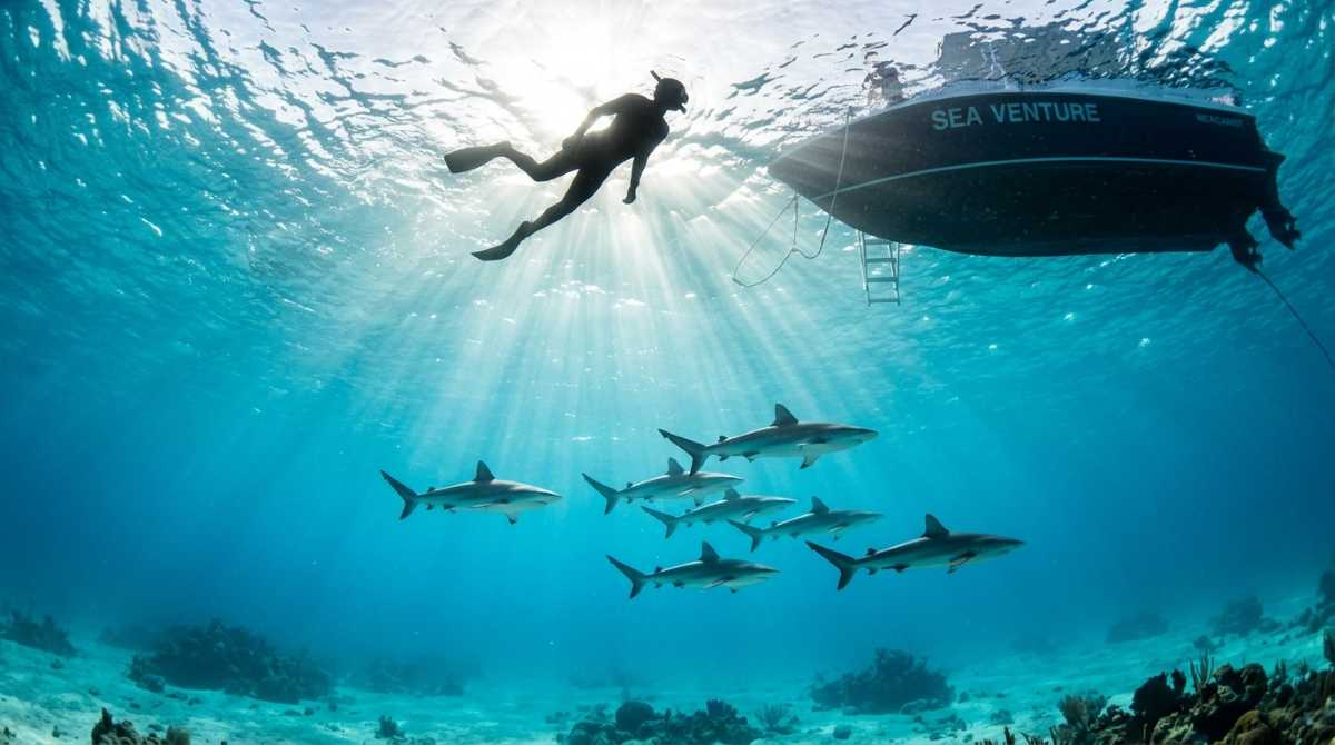 Snorkeler swimming with silky sharks in turquoise Caribbean waters off Isla Mujeres, editorial photography by Mexicanist.