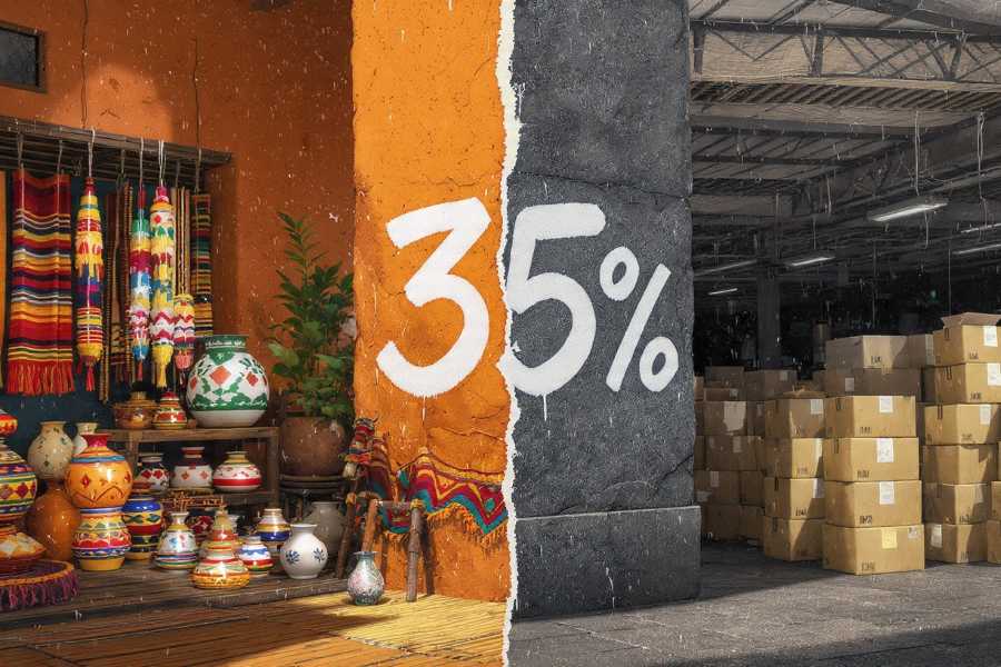 Split illustration showing Mexican artisan goods on one side and Asian-imported cardboard boxes on the other.
